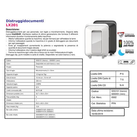 Distruggidocumenti uso moderato Fellowes LX201 - P-5 - 22 L - taglio a microframmenti 2x12 mm - nero 5050001